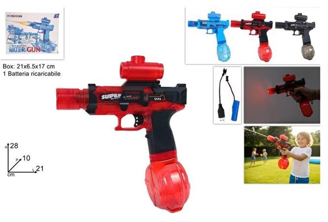 PISTOLA ACQUA CM. 22 'FLUO' A BATTERIA 3/ASS 12 =    -RICARICA USB
